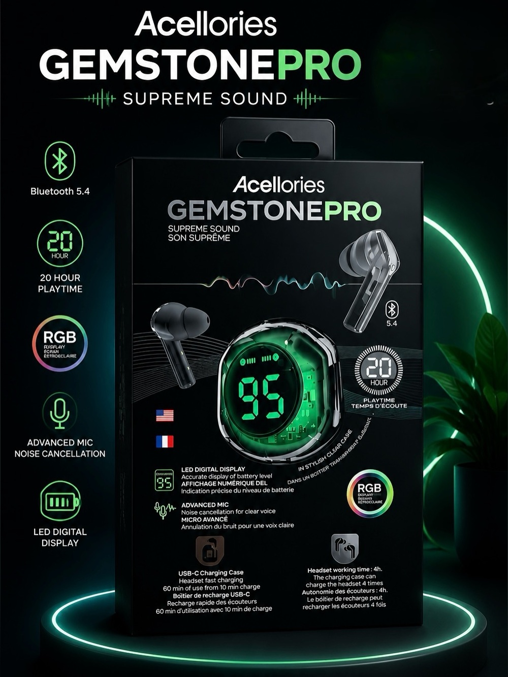 Wireless Earbuds with LED Battery Display - Black/Green